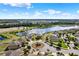 Scenic aerial view capturing a lakeside community, showcasing lush greenery and beautiful residential architecture at 10106 Count Fleet Dr, Ruskin, FL 33575