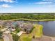 Stunning aerial view of a home with a lake view and manicured lawn, in a lush, green neighborhood at 11878 Thicket Wood Dr, Riverview, FL 33579