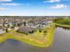Scenic aerial view of the neighborhood with a tranquil lake and well-maintained homes in the community at 11878 Thicket Wood Dr, Riverview, FL 33579