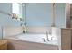 Bright bathroom featuring a soaking tub under a window, adjacent to a shower, with neutral tile and blue wall paint at 12009 Whistling Wind Dr, Riverview, FL 33569