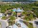 Aerial view of the community pool area with palm trees and lounge area at 1844 Odiorne Point Ln, Wesley Chapel, FL 33543