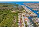 Aerial shot showing a waterfront home with a pool and easy access to a serene canal leading to open waters at 4408 Rudder Way, New Port Richey, FL 34652