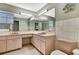 Bathroom featuring dual sinks, vintage pink counters, and a large mirror at 4706 Scott Rd, Lutz, FL 33558