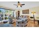 Cozy living room with bright natural light, hardwood floors, and ceiling fan at 700 Bowsprit Pl, Palm Harbor, FL 34685