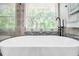 Freestanding white bathtub with modern black hardware and natural light from the large window at 8504 Tidal Bay Ln, Tampa, FL 33635
