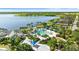 Beautiful aerial view of the community pool, lake, and clubhouse surrounded by palm trees and lush landscaping at 11419 Emerald Shore Dr, Riverview, FL 33579