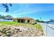 View of backyard featuring privacy fence, green grass and covered patio at 13216 Antelope St, Spring Hill, FL 34609