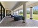 Enjoy outdoor living on this large covered patio with stone flooring and views of the lake at 33750 Ocean Spray Ln, Wesley Chapel, FL 33543