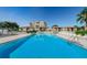 Community pool featuring a spacious deck with lounge chairs and tropical landscaping in front of the condo buildings at 6158 Palma Del Mar S Blvd # 306, St Petersburg, FL 33715