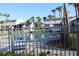 View of a community pool surrounded by palm trees, sun chairs, and residential buildings at 7927 Kosi Palm Pl # 201, Tampa, FL 33615
