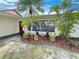 Landscaped front yard with mature palm trees and colorful flower beds providing excellent curb appeal at 9907 Island Harbor Dr, Port Richey, FL 34668