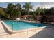 Community pool surrounded by mature palm trees and lush landscaping at 1126 Tarridon Ct, Dunedin, FL 34698
