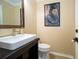Stylish powder room with a modern sink, toilet, and tasteful artwork at 1903 Curry Rd, Lutz, FL 33549