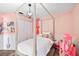 Adorable bedroom with a four-poster bed, pink walls, and ample storage at 1914 Elk Spring Dr, Brandon, FL 33511