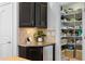 Well-organized pantry features black cabinetry, stone countertops, and wire shelving with an assortment of supplies at 2936 W Knights Ave # A, Tampa, FL 33611