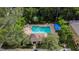 Aerial view of community pool surrounded by mature trees and lush landscaping at 4528 Winding River Way, Land O Lakes, FL 34639