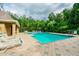 Community pool with ample seating and a cabana, nestled in a lush, tropical setting at 4528 Winding River Way, Land O Lakes, FL 34639