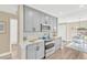 Modern kitchen with gray cabinets, stainless steel appliances, and a view into the dining area at 7208 S Juanita St, Tampa, FL 33616