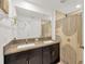 Bright bathroom features a double sink vanity with granite countertop and modern dark brown cabinets at 842 Tennyson Mill Cir, Tampa, FL 33619