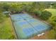 Aerial view of well-maintained tennis courts surrounded by lush landscaping and mature trees at 9084 Quail Creek Dr, Tampa, FL 33647