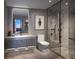 Contemporary bathroom with marble walk-in shower, floating vanity, large mirror, and view of city at 1101 E Jackson St # 2302, Tampa, FL 33602