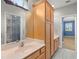 Bathroom with a light wood vanity, framed mirror, and view into the walk-in shower at 1171 Red Maple Ne Cir, St Petersburg, FL 33703