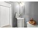 Compact bathroom with vanity sink, decorated mirror, and a built in closet/storage space at 12648 Castle Hill Dr, Tampa, FL 33624