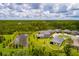 The aerial view displays the home in a green landscape, set against a backdrop of trees and sky at 17263 Mango Shay Ct, Land O Lakes, FL 34638