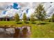 Backyard featuring serene pond and lush trees under a partially cloudy sky, creating a peaceful outdoor setting at 17263 Mango Shay Ct, Land O Lakes, FL 34638
