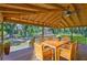 Covered patio features wood dining furniture, a ceiling fan, and a scenic backyard view at 2112 33Rd Se St, Ruskin, FL 33570