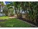 Tropical backyard showcases lush green grass and tropical plants, offering a tranquil outdoor escape at 3002 Savannah Oaks Cir, Tarpon Springs, FL 34688