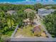 An aerial view showcases the spacious backyard with a shed, tiki bar, and tropical landscaping at 316 Lafayette Blvd, Oldsmar, FL 34677