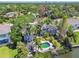 Beautiful aerial shot of a waterfront property with a pool, tropical landscaping, and lush greenery at 405 S Shore Crest Dr, Tampa, FL 33609