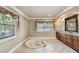 Bathroom with a large soaking tub, vanity with granite counters, and elegant window treatments at 405 S Shore Crest Dr, Tampa, FL 33609