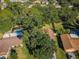 Aerial view highlighting a residential property with a pool and mature trees in a landscaped yard at 455 Cypress Lake Ct, Oldsmar, FL 34677