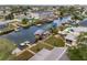 Aerial view of a waterfront neighborhood, featuring private docks, lush landscaping, and serene water views at 6914 Harbor Dr, Hudson, FL 34667