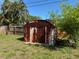 A view of a rusty metal shed in a fenced yard, perfect for storing gardening tools and equipment at 8244 125Th St, Seminole, FL 33772