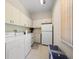 Laundry room with washer, dryer, shelving, and cabinet space for ample storage at 11137 Woodland Waters Blvd, Weeki Wachee, FL 34613