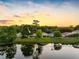 Picturesque water view of the home, framed by lush greenery reflecting the sunset sky at 13409 Fawn Springs Dr, Tampa, FL 33626