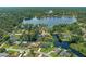 An aerial perspective of a residential neighborhood with homes nestled alongside a pristine lake at 18816 Tracer Dr, Lutz, FL 33549