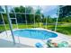 Screened-in pool with clear blue water overlooks well maintained lawn and pond with palm trees at 19709 Wyndham Lakes Dr, Odessa, FL 33556