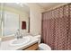 A bathroom features a coordinated shower curtain and vanity with a sink at 2347 Willimette Dr, Wesley Chapel, FL 33543
