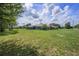 View of the home, chimney and backyard green space at 31645 Bugle Ln, Wesley Chapel, FL 33543