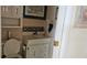 Bathroom features a white vanity, toilet, wall mirror, and classic design at 7111 Oregon Chickadee Rd, Weeki Wachee, FL 34613