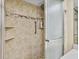Walk-in shower with tan tiling and grab bar at 10216 Regal Dr # 310, Largo, FL 33774