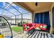 Inviting covered patio features comfortable seating, black and white rug, and a screened enclosure at 12643 Horseshoe Bend Dr, Lithia, FL 33547