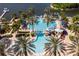 Stunning aerial view of the community pool area with palm trees, a waterslide, and lounge chairs at 215 Sela Cove Cir, Apollo Beach, FL 33572