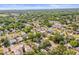 Sweeping aerial view of a residential neighborhood with mature trees and glimpses of the ocean at 331 Archimedes St, Dunedin, FL 34698