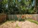 Backyard patio with wood fence painted with sunflowers and lush tree coverage at 6201 Amaretto Ln # 6201, Tampa, FL 33634