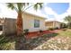 A view of the front yard featuring a manicured landscape design and mature palm tree at 9816 Crofton Ln, Port Richey, FL 34668